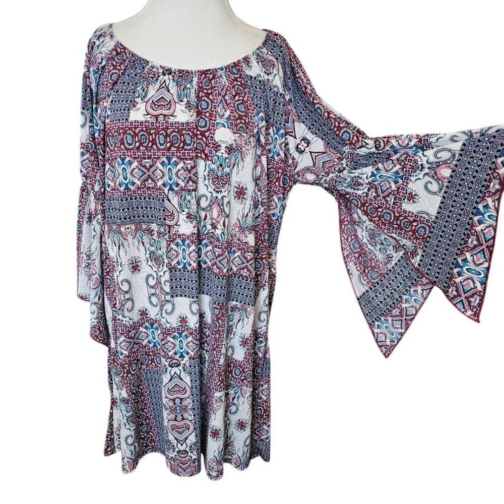Naif Womens Dress Size 2X Boho Bell Sleeve Knee Length Slinky Jersey Multi-color